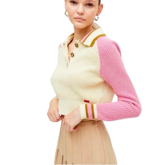 BDG Urban Outfitters Taylor Collared Sweater Size XS Cream Pink Cropped Knitted - Picture 4 of 9